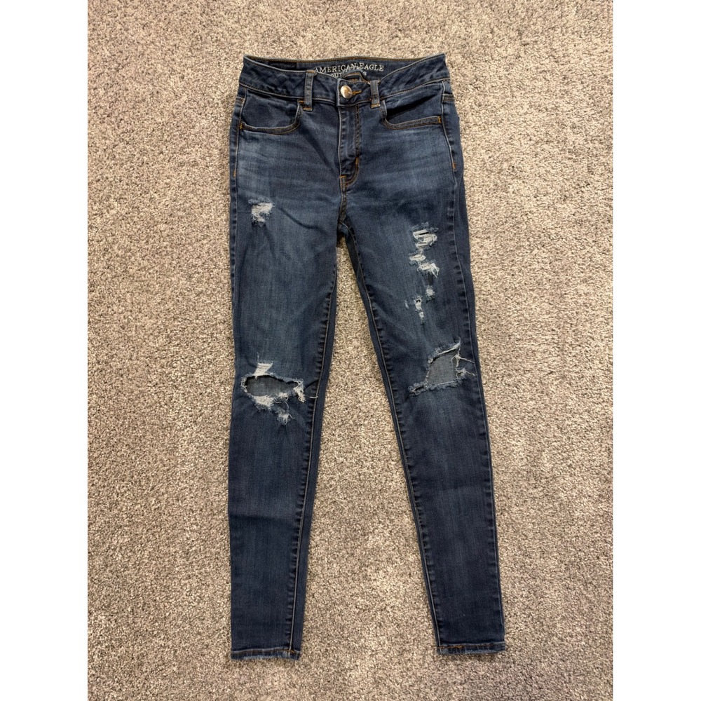 American Eagle Jegging Womens 2 Blue Hi-Rise Super Stretch Ripped Jeans